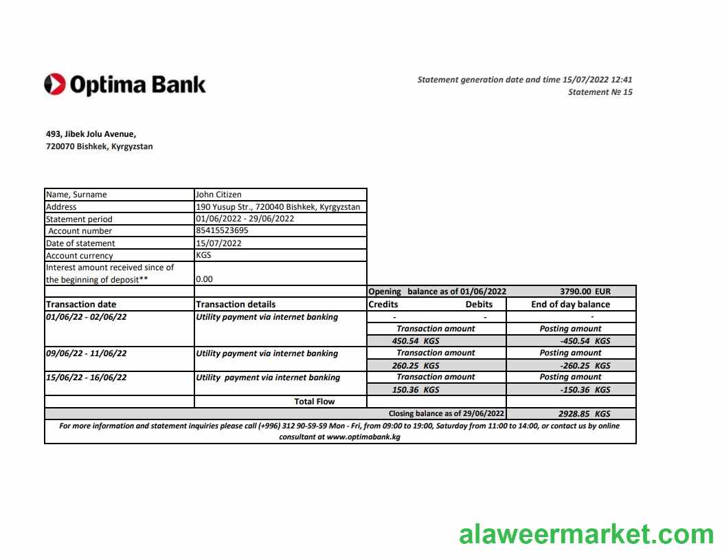 Kyrgyzstan Optima Bank statement xls